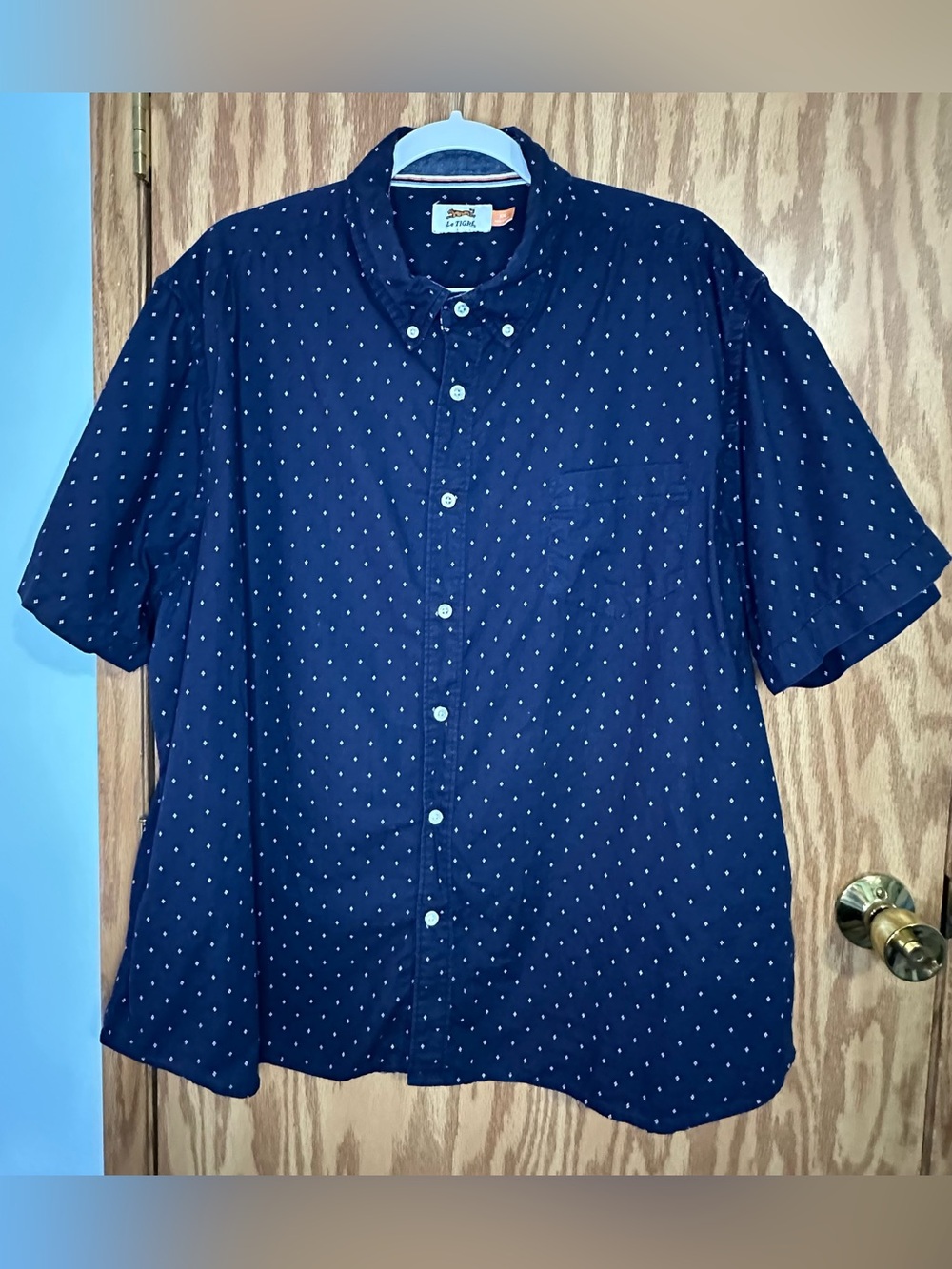 Men’s Navy Blue/White LeTigre 100% Cotton Short Sleeve Button Down Shirt XXL